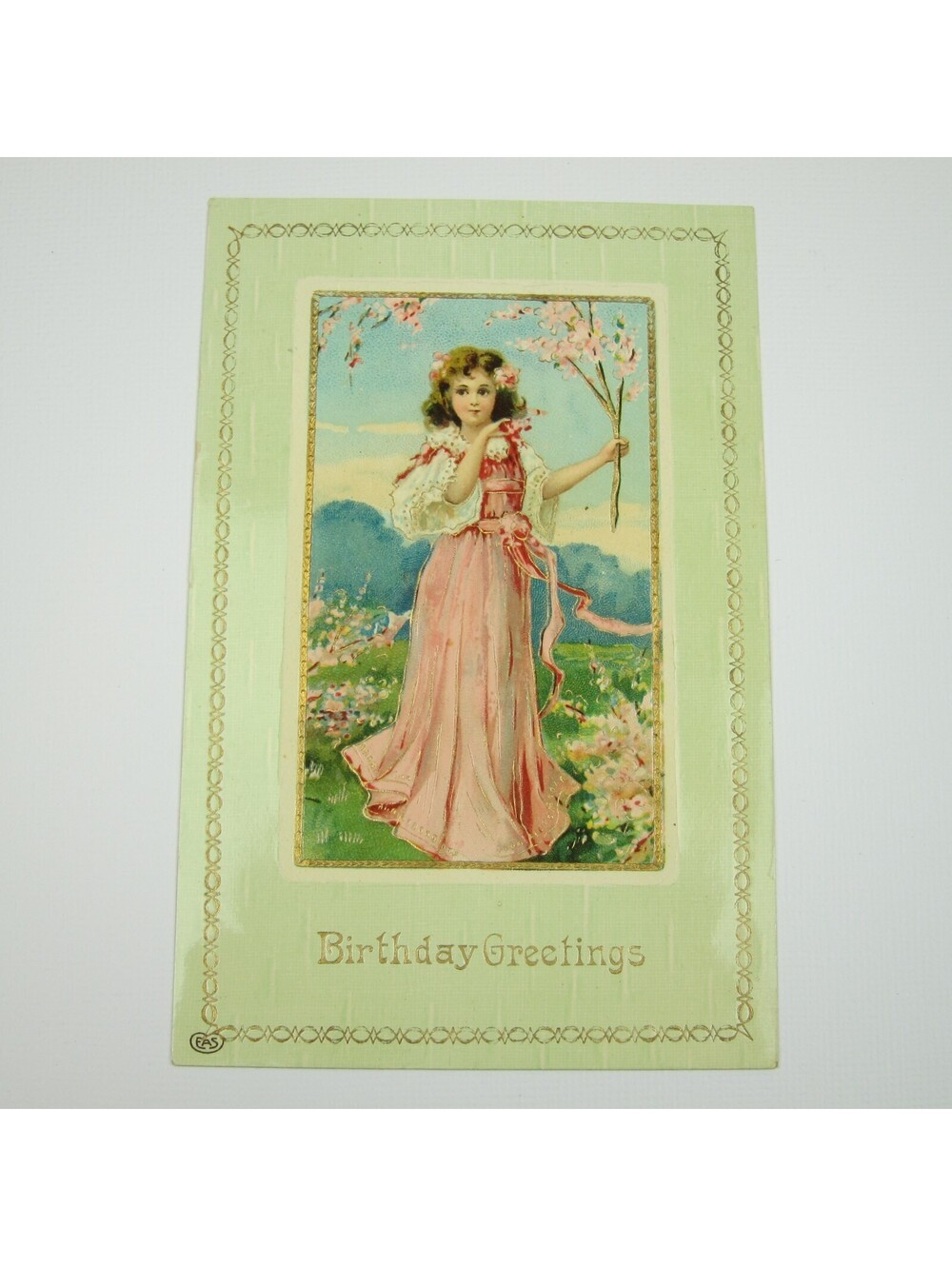 Postcard Birthday Greeting Antique Girl Pink Dress & Flowers Gold Embossed Gloss